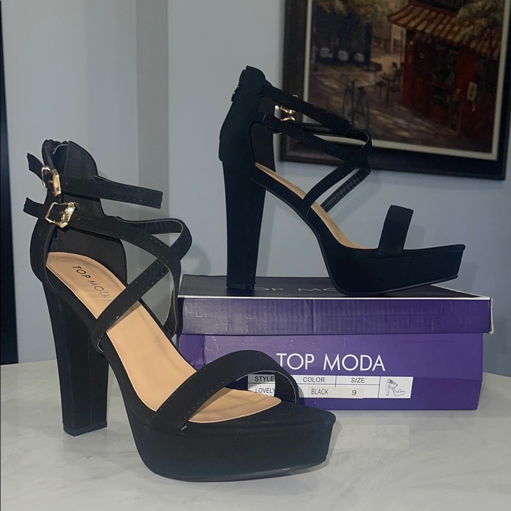 New!! ✨ “Top Moda” Women's Black Suede Ankle Strap Heels- Size 9